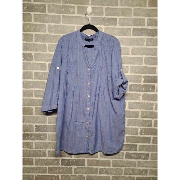 Club Z Collection Womens Blue Pleated‎ Wide Roll Tab Sleeve Button Tunic Size 1X - Picture 2 of 14